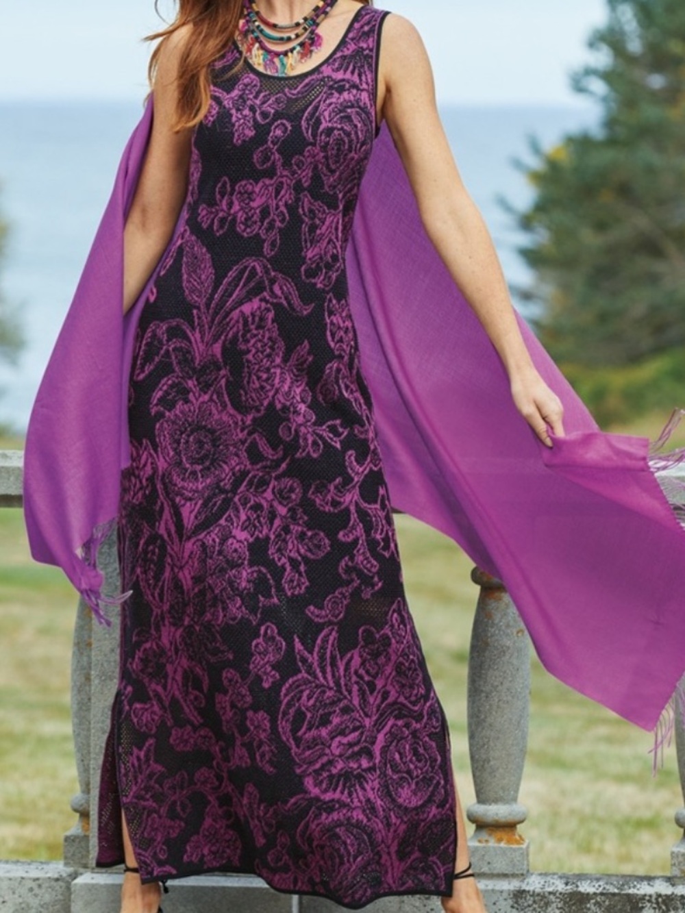 NWT Peruvian Connection Damask Rose Knit Maxi Dress Size M Plum Pink Floral